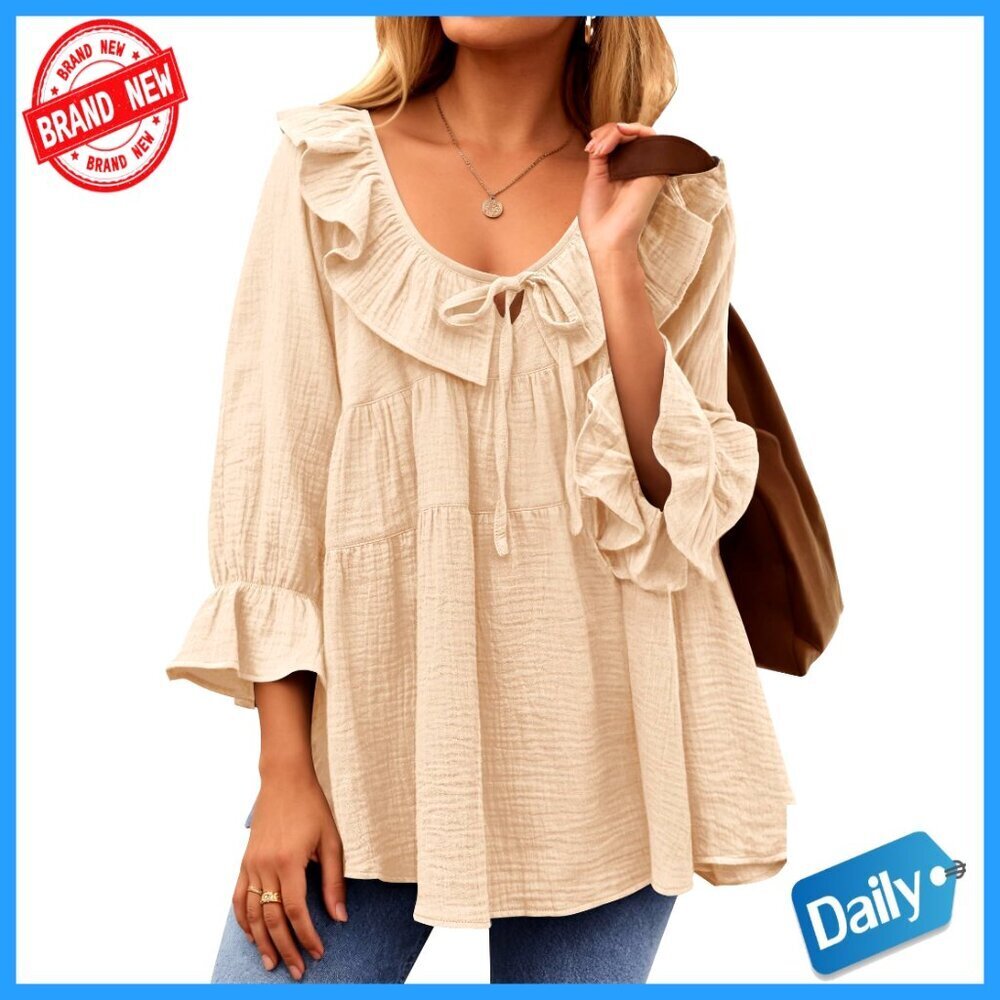 Soft Cotton Scoop Neck 3/4 Sleeve Tie Front Ruffle Tunic Blouse